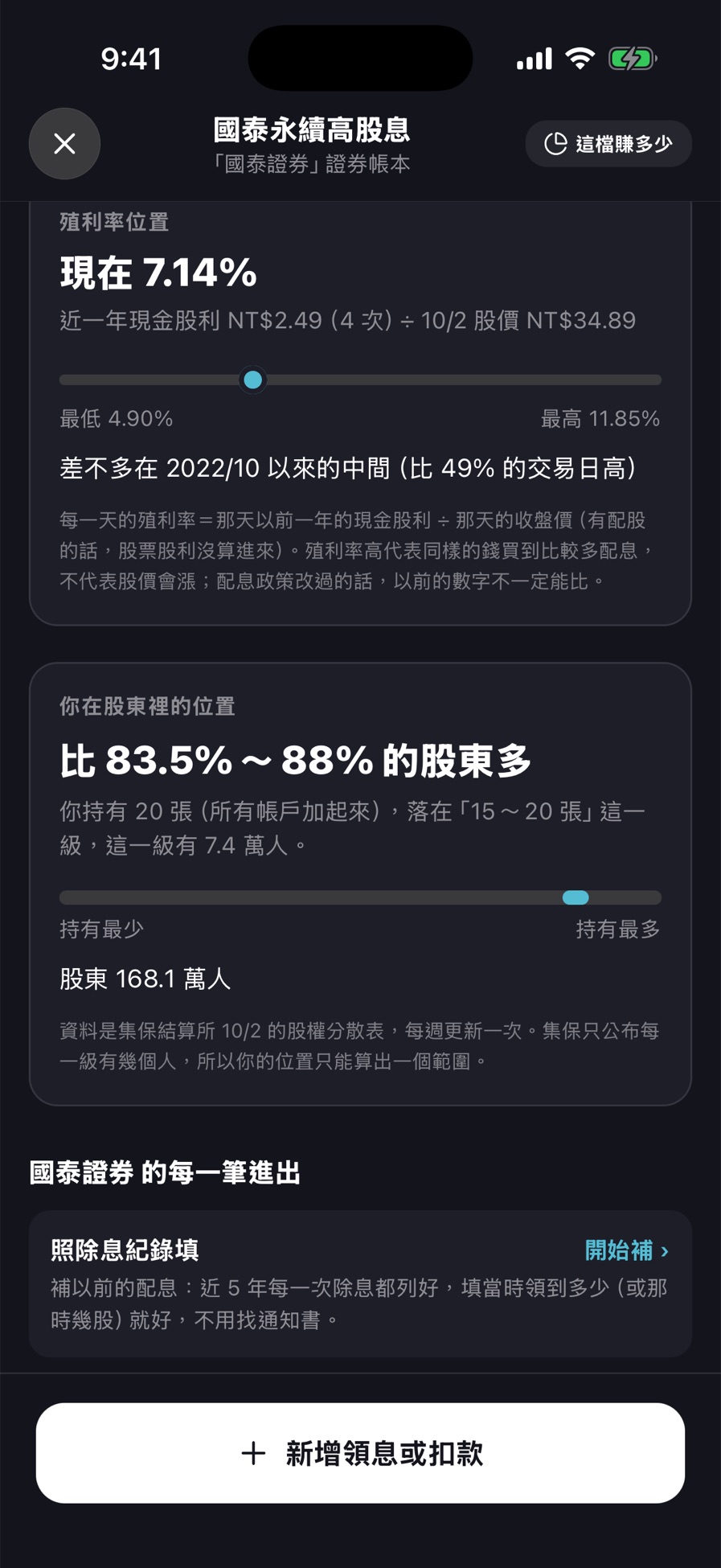 個股紀錄：殖利率位置與你在股東裡的位置